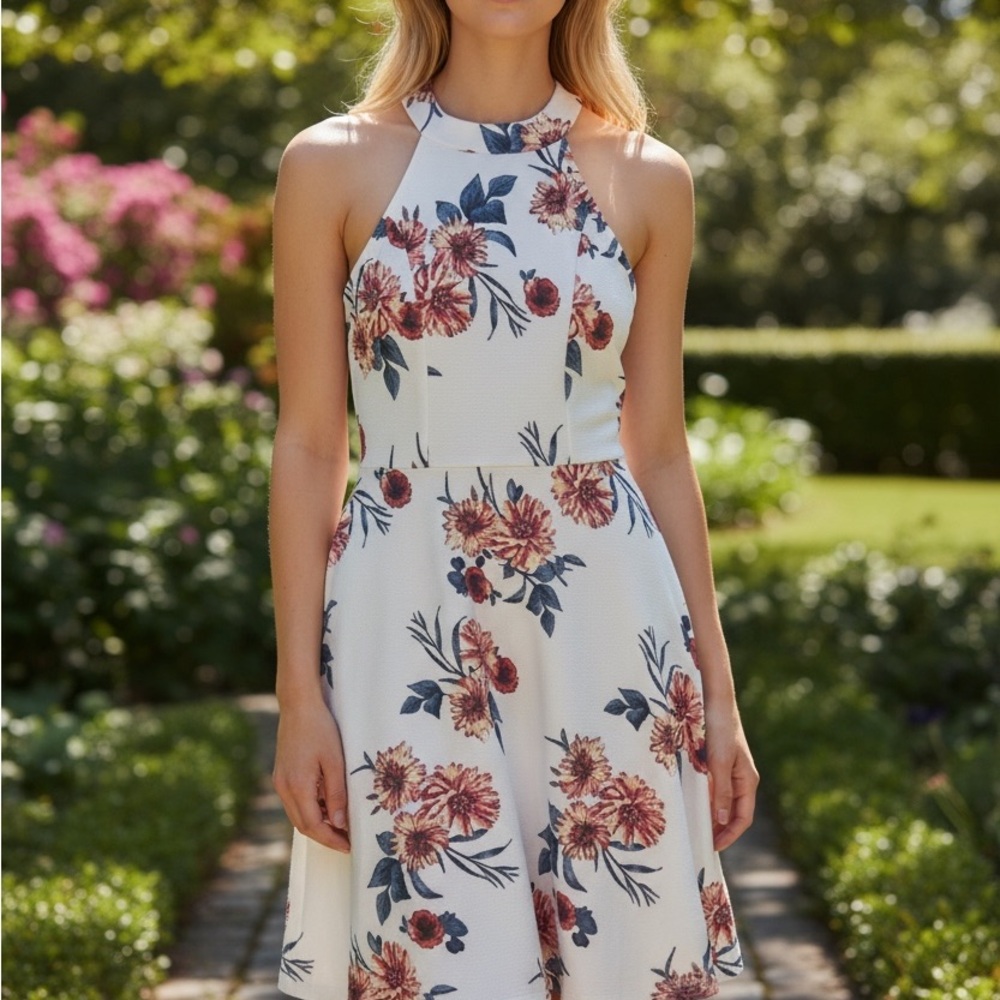 No Boundaries White Floral Halter Mini Dress